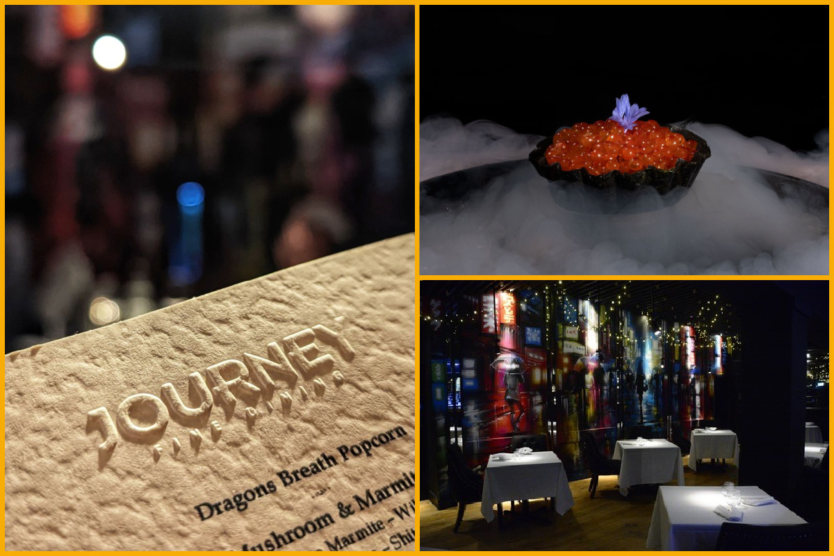 Collage of images of the Restaurant Journey menu, food served and the dining area